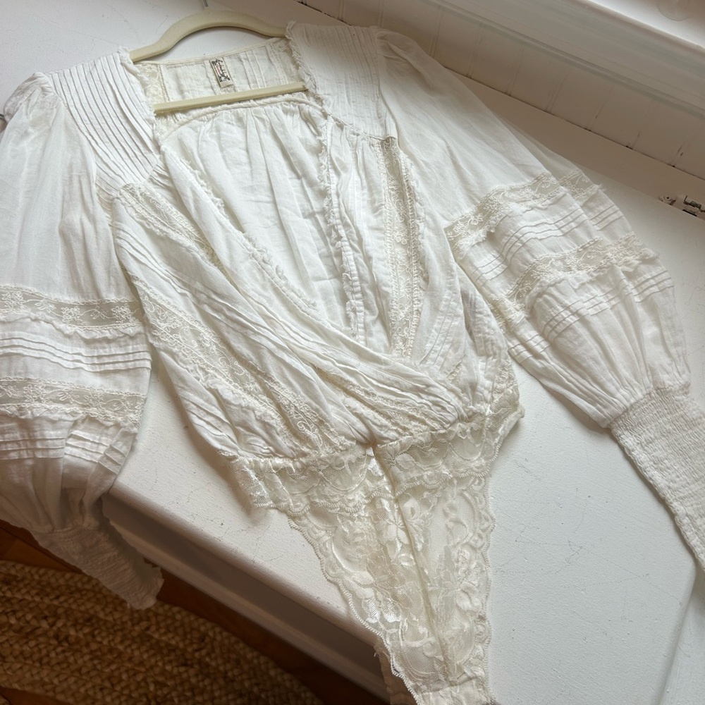 Free People Elegant White Lace Bodysuit